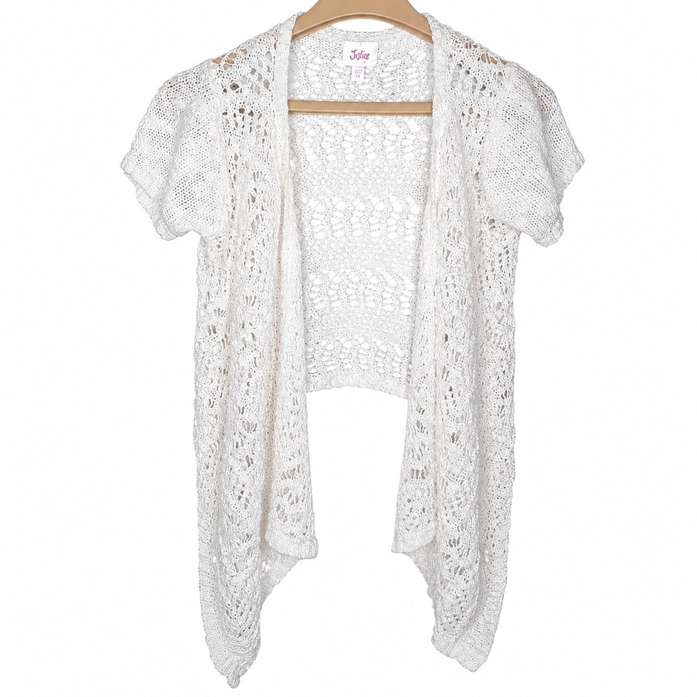 Justice White Open Knit Crochet Cardigan Girls 14 Waterfall Short Sleeve Shrug